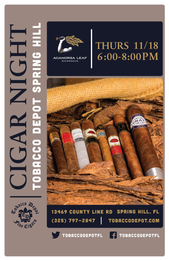 Aganorsa Leaf Cigars in Spring Hill on November 18th from 6PM-8PM