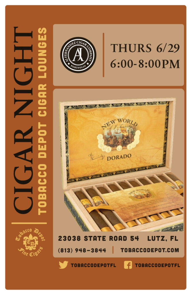 Aj Fernandez Cigar Night featuring Dorado at Tobacco Depot Lutz from 6PM-8PM on June 29th