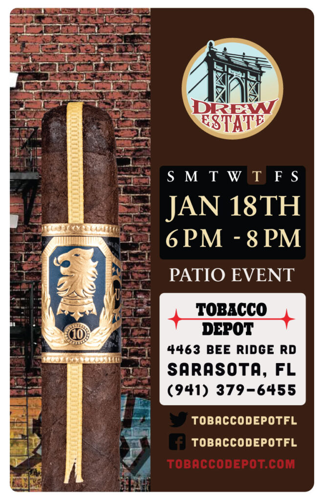Drew Estate Patio Event in Sarasota on 1/18 from 6PM-8PM